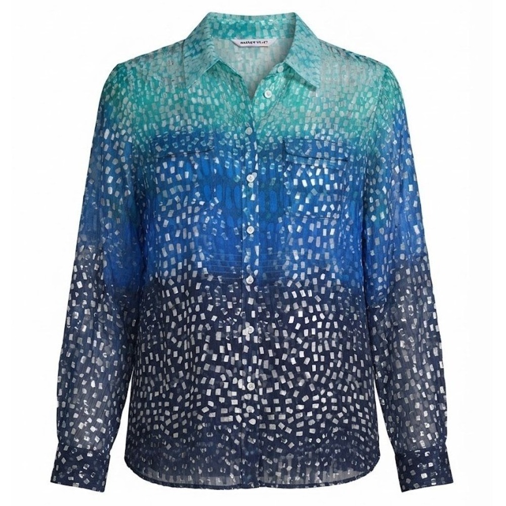 Allison Daley Blue Ombre Geometric Semi Sheer Button Front Blouse Size 16 - CJ